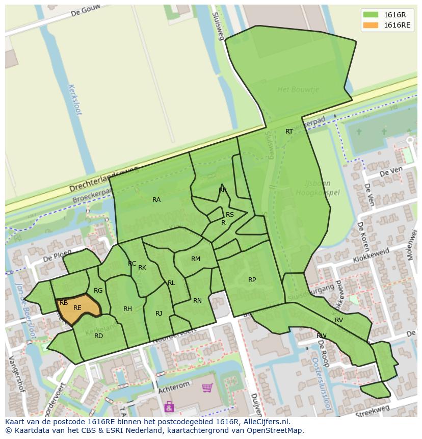 Afbeelding van het postcodegebied 1616 RE op de kaart.