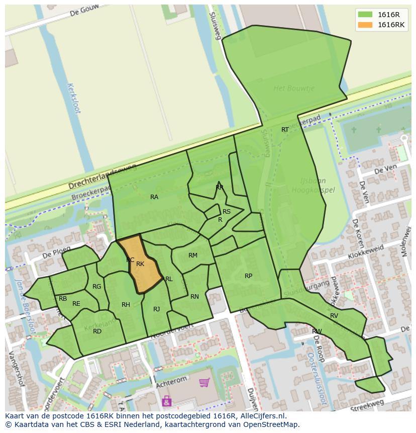 Afbeelding van het postcodegebied 1616 RK op de kaart.