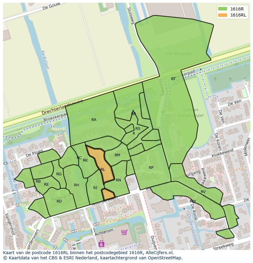 Afbeelding van het postcodegebied 1616 RL op de kaart.