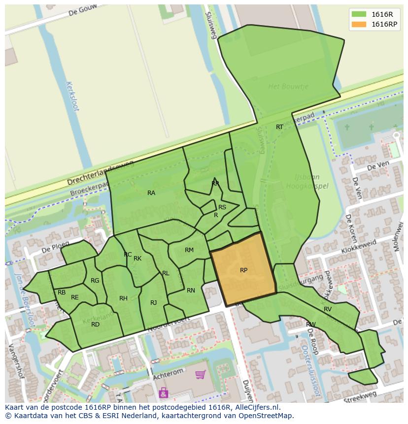 Afbeelding van het postcodegebied 1616 RP op de kaart.