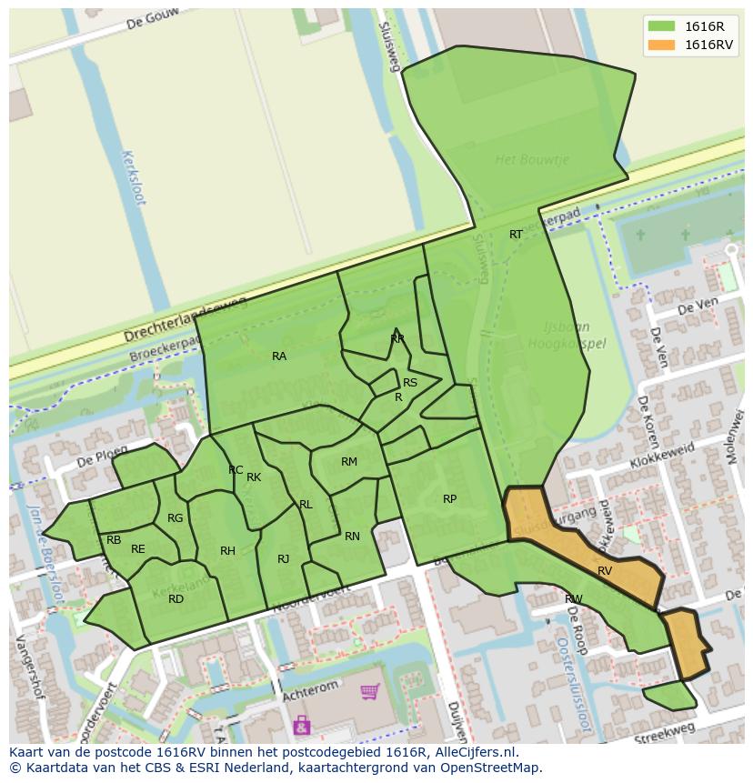 Afbeelding van het postcodegebied 1616 RV op de kaart.