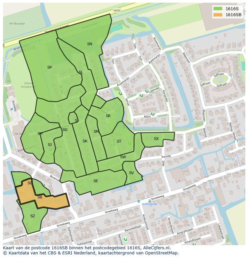 Afbeelding van het postcodegebied 1616 SB op de kaart.