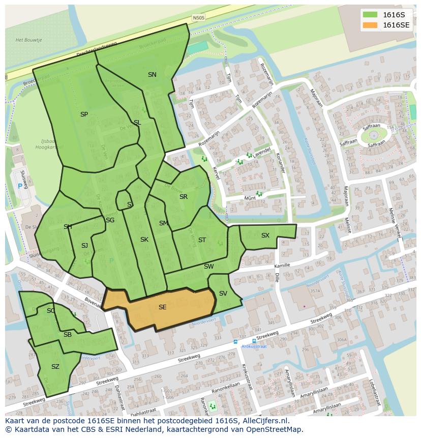 Afbeelding van het postcodegebied 1616 SE op de kaart.