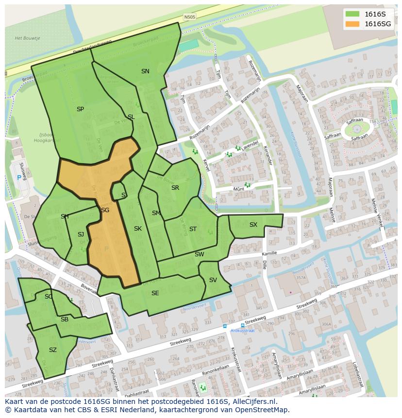 Afbeelding van het postcodegebied 1616 SG op de kaart.