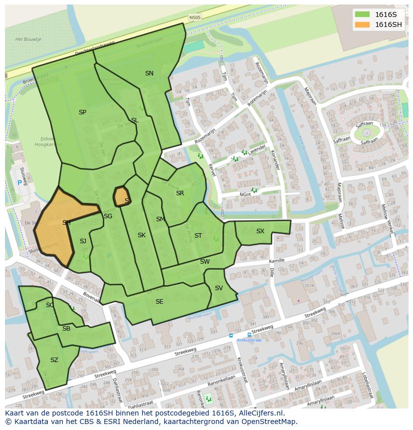 Afbeelding van het postcodegebied 1616 SH op de kaart.