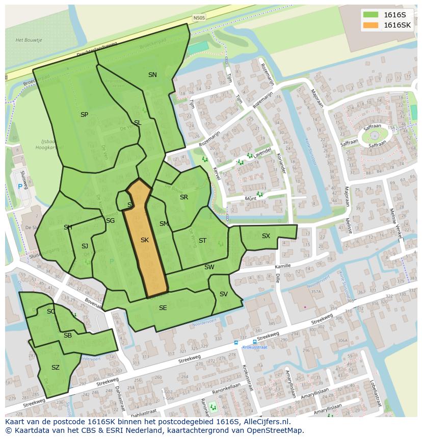 Afbeelding van het postcodegebied 1616 SK op de kaart.
