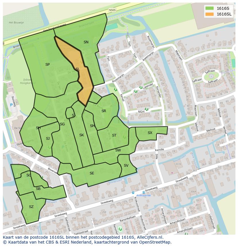 Afbeelding van het postcodegebied 1616 SL op de kaart.
