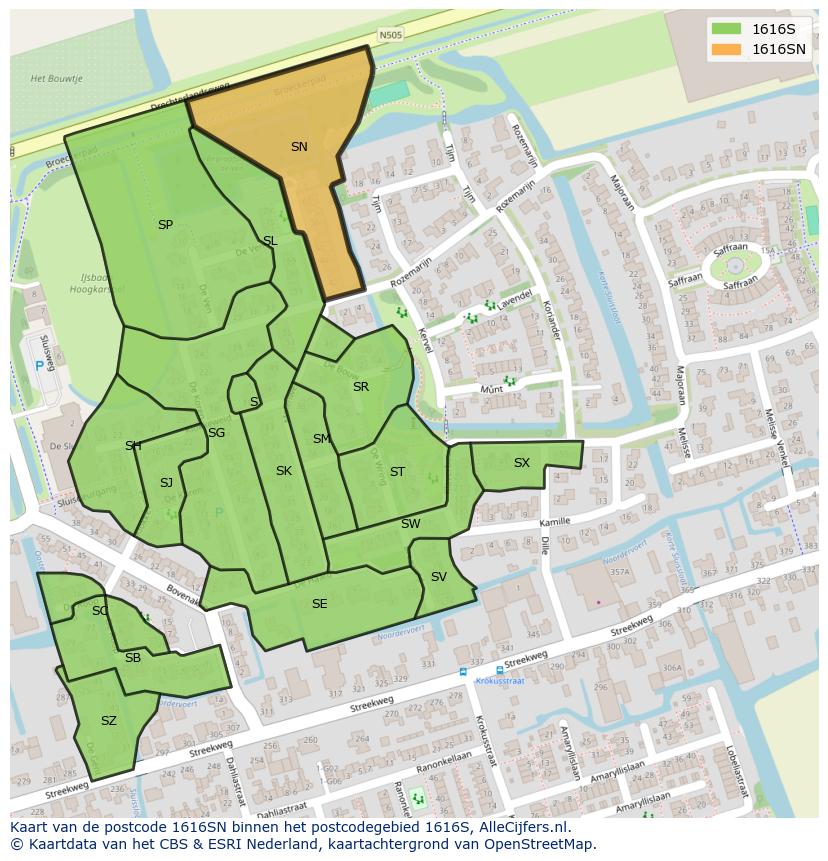 Afbeelding van het postcodegebied 1616 SN op de kaart.