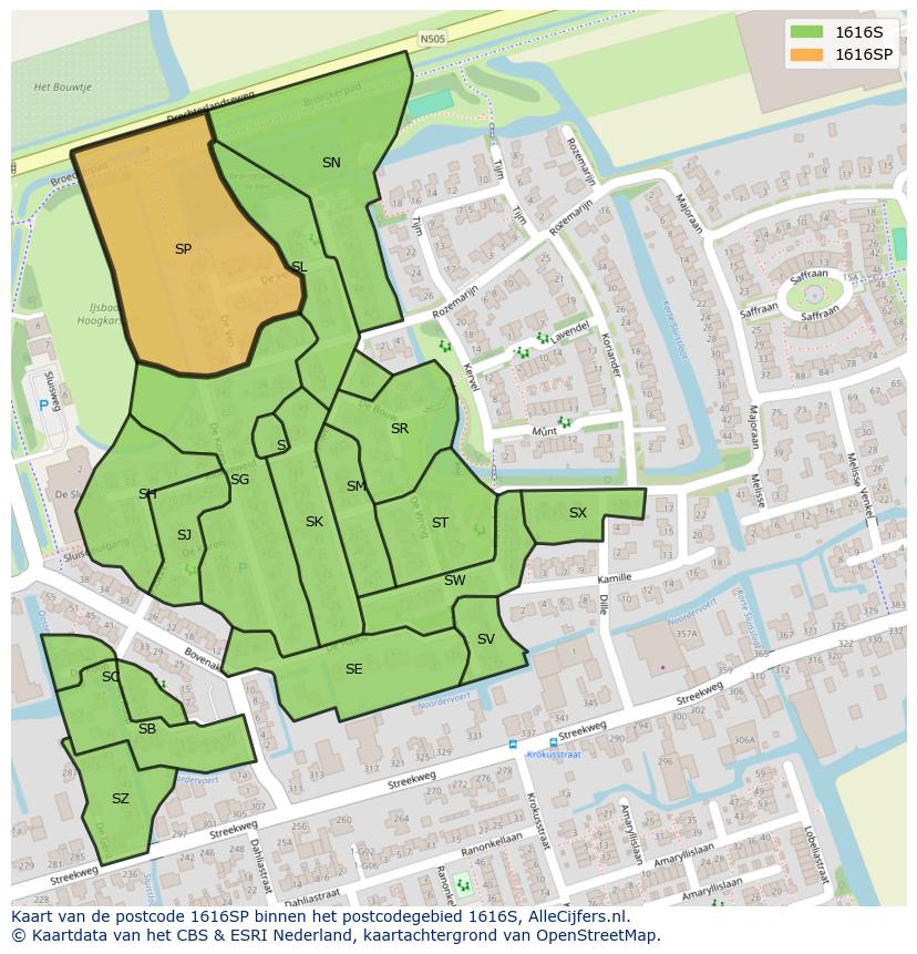 Afbeelding van het postcodegebied 1616 SP op de kaart.
