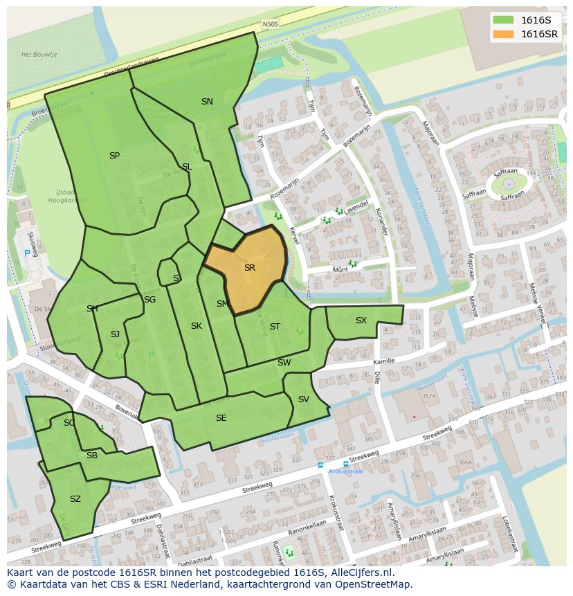 Afbeelding van het postcodegebied 1616 SR op de kaart.