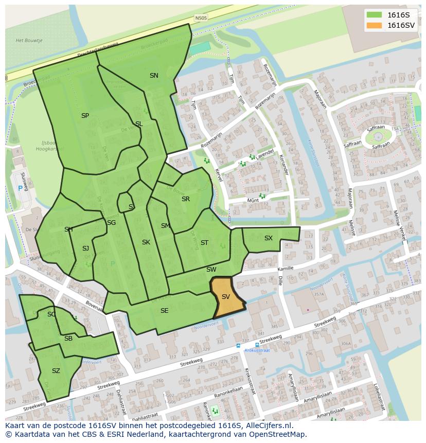 Afbeelding van het postcodegebied 1616 SV op de kaart.