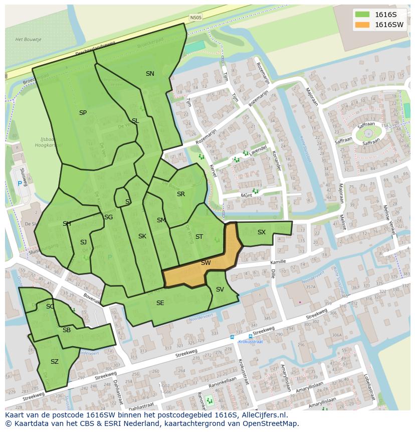 Afbeelding van het postcodegebied 1616 SW op de kaart.