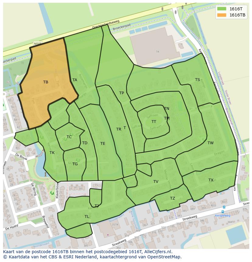Afbeelding van het postcodegebied 1616 TB op de kaart.