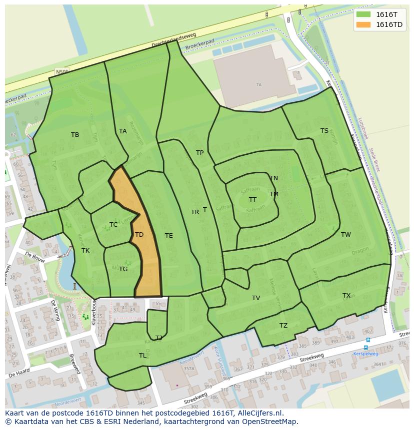 Afbeelding van het postcodegebied 1616 TD op de kaart.
