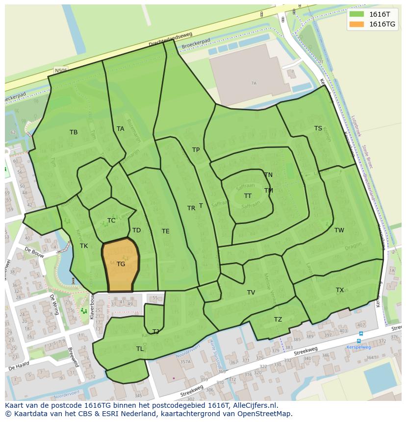 Afbeelding van het postcodegebied 1616 TG op de kaart.