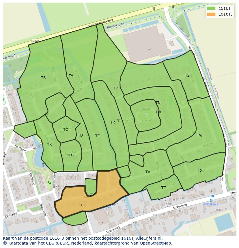 Afbeelding van het postcodegebied 1616 TJ op de kaart.