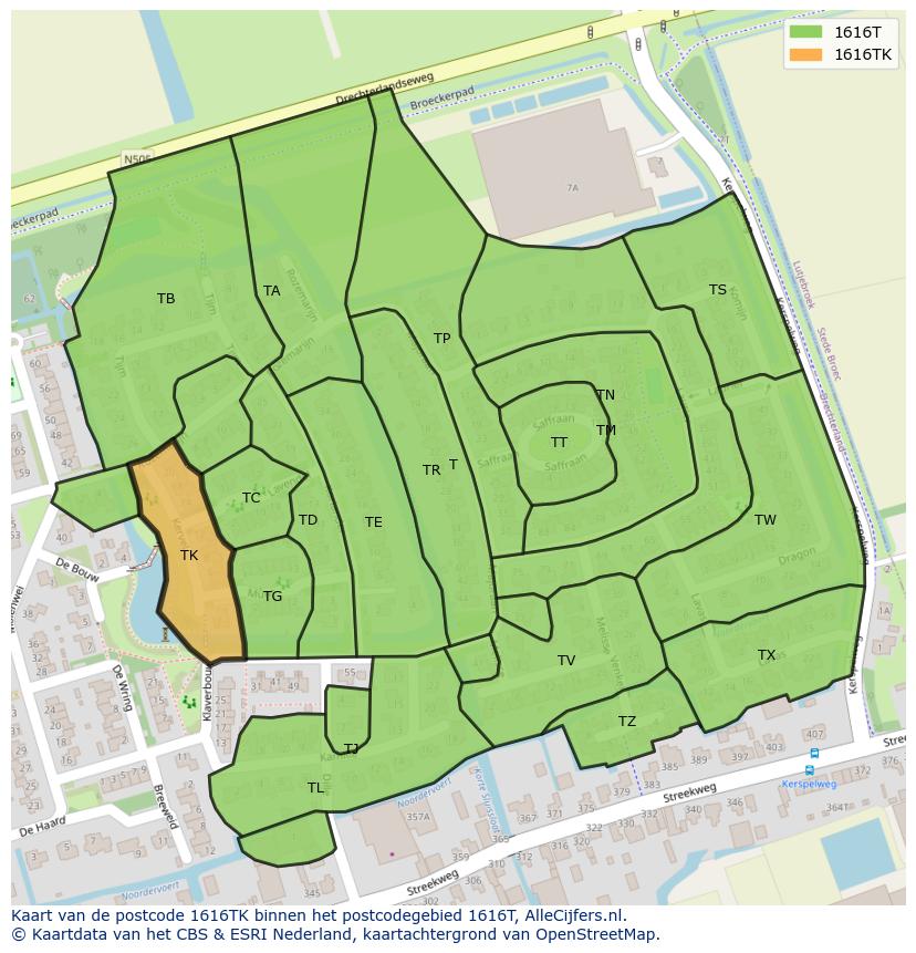 Afbeelding van het postcodegebied 1616 TK op de kaart.