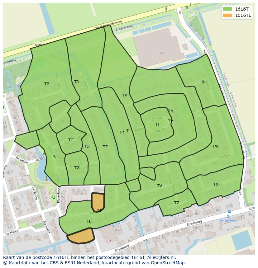 Afbeelding van het postcodegebied 1616 TL op de kaart.