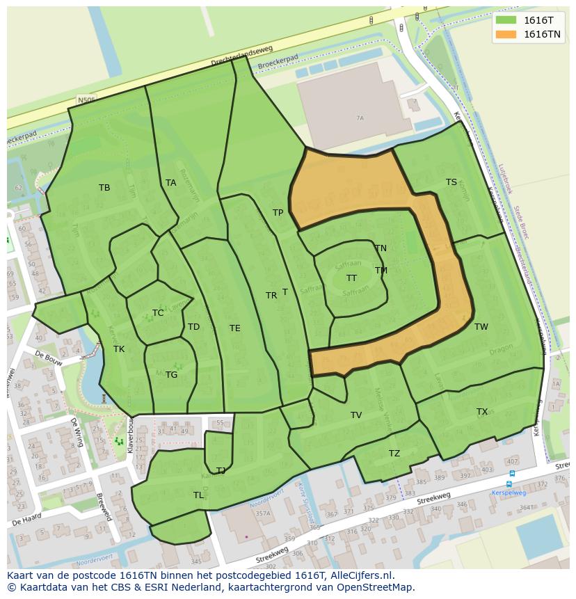 Afbeelding van het postcodegebied 1616 TN op de kaart.