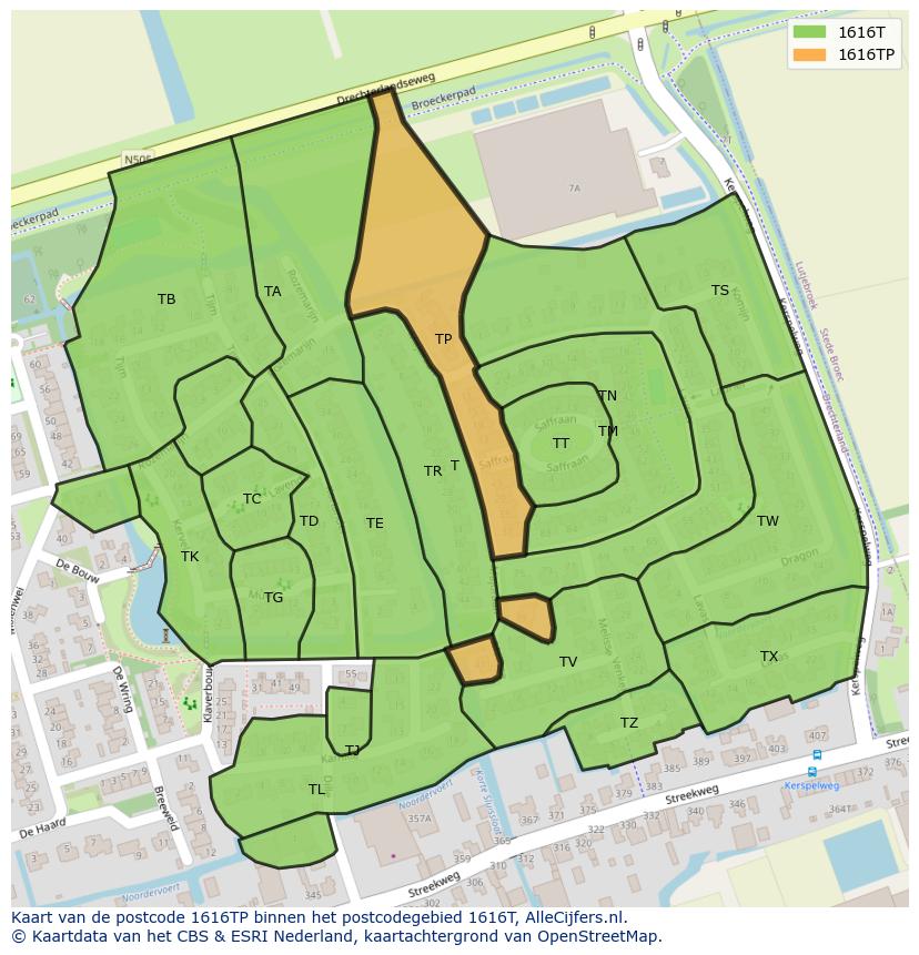 Afbeelding van het postcodegebied 1616 TP op de kaart.