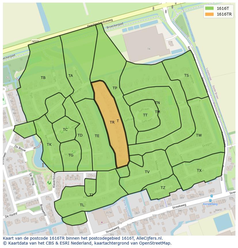 Afbeelding van het postcodegebied 1616 TR op de kaart.