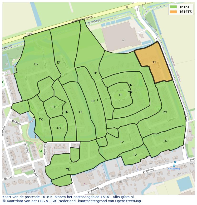Afbeelding van het postcodegebied 1616 TS op de kaart.