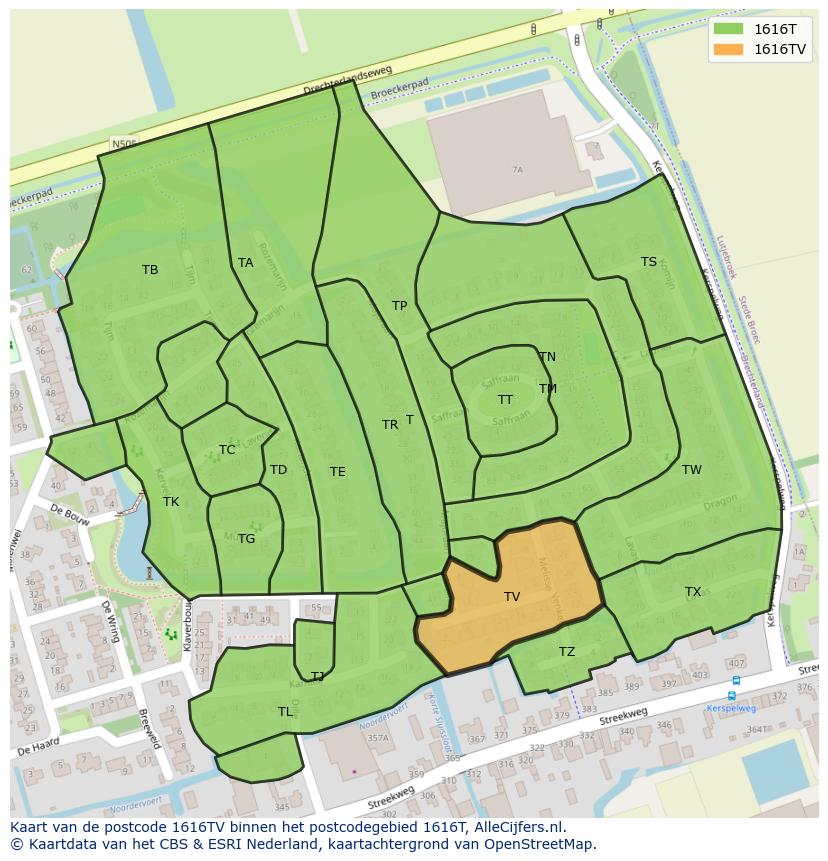 Afbeelding van het postcodegebied 1616 TV op de kaart.