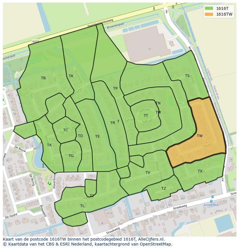 Afbeelding van het postcodegebied 1616 TW op de kaart.