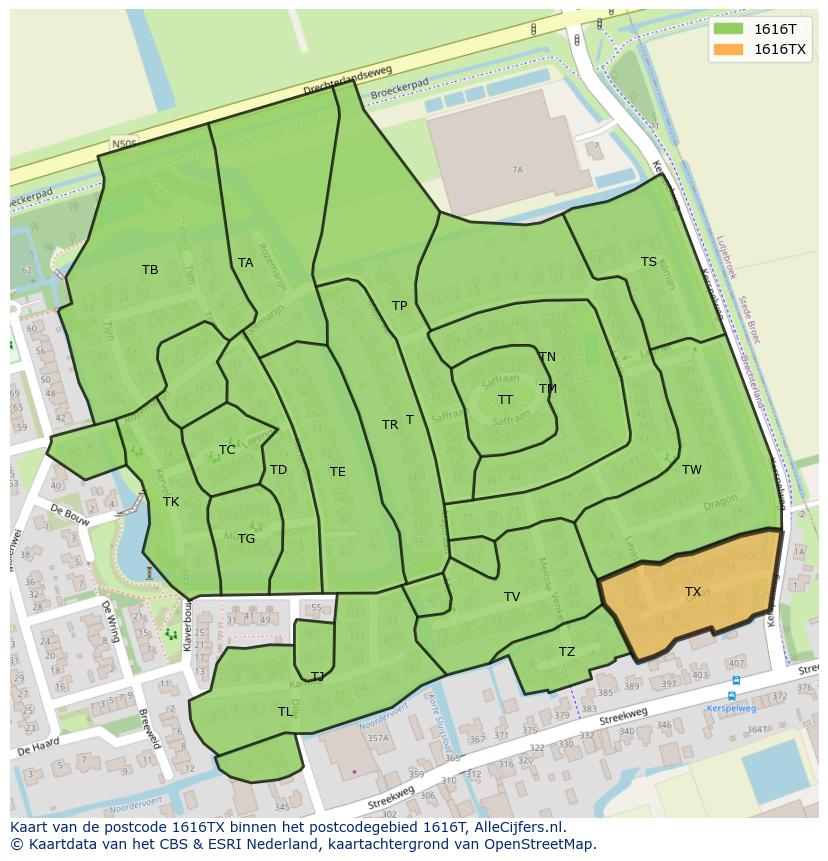 Afbeelding van het postcodegebied 1616 TX op de kaart.