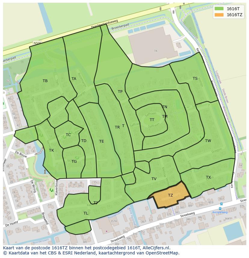 Afbeelding van het postcodegebied 1616 TZ op de kaart.