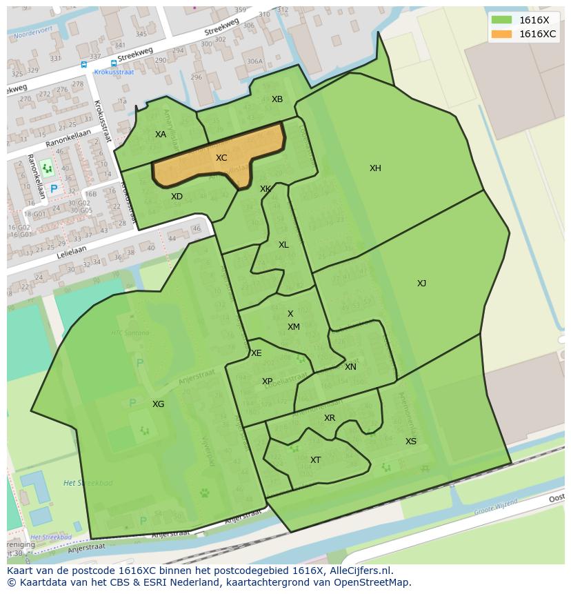 Afbeelding van het postcodegebied 1616 XC op de kaart.