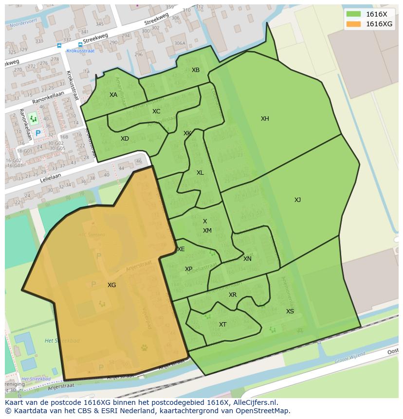Afbeelding van het postcodegebied 1616 XG op de kaart.