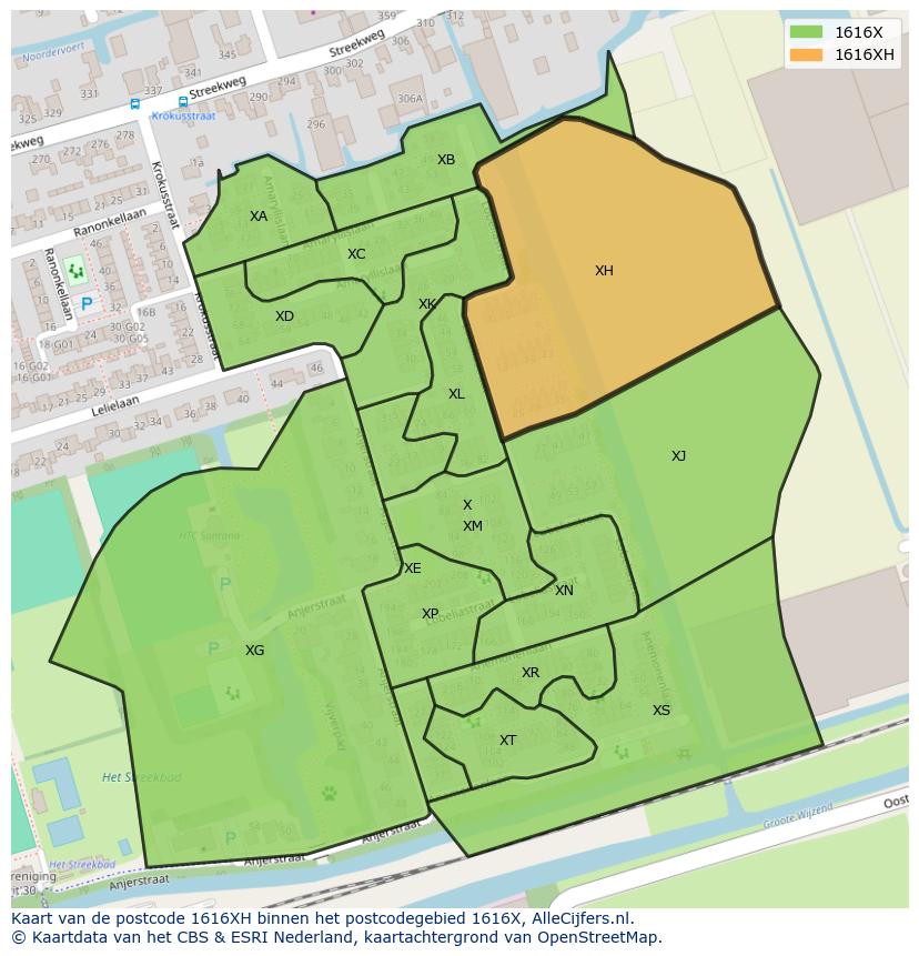 Afbeelding van het postcodegebied 1616 XH op de kaart.