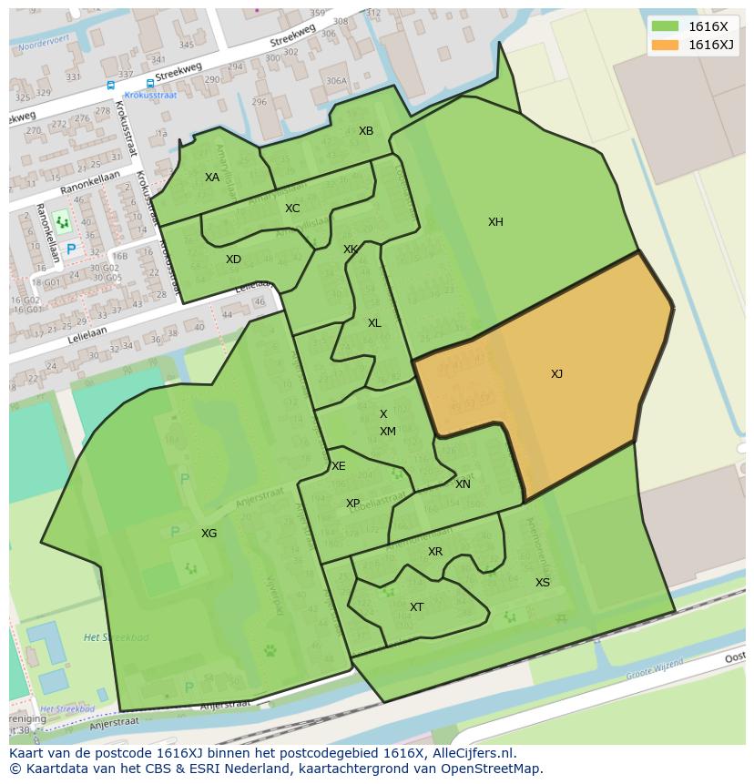 Afbeelding van het postcodegebied 1616 XJ op de kaart.
