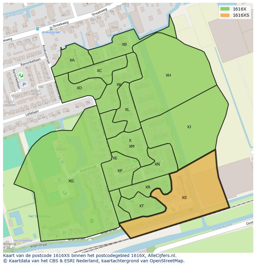 Afbeelding van het postcodegebied 1616 XS op de kaart.