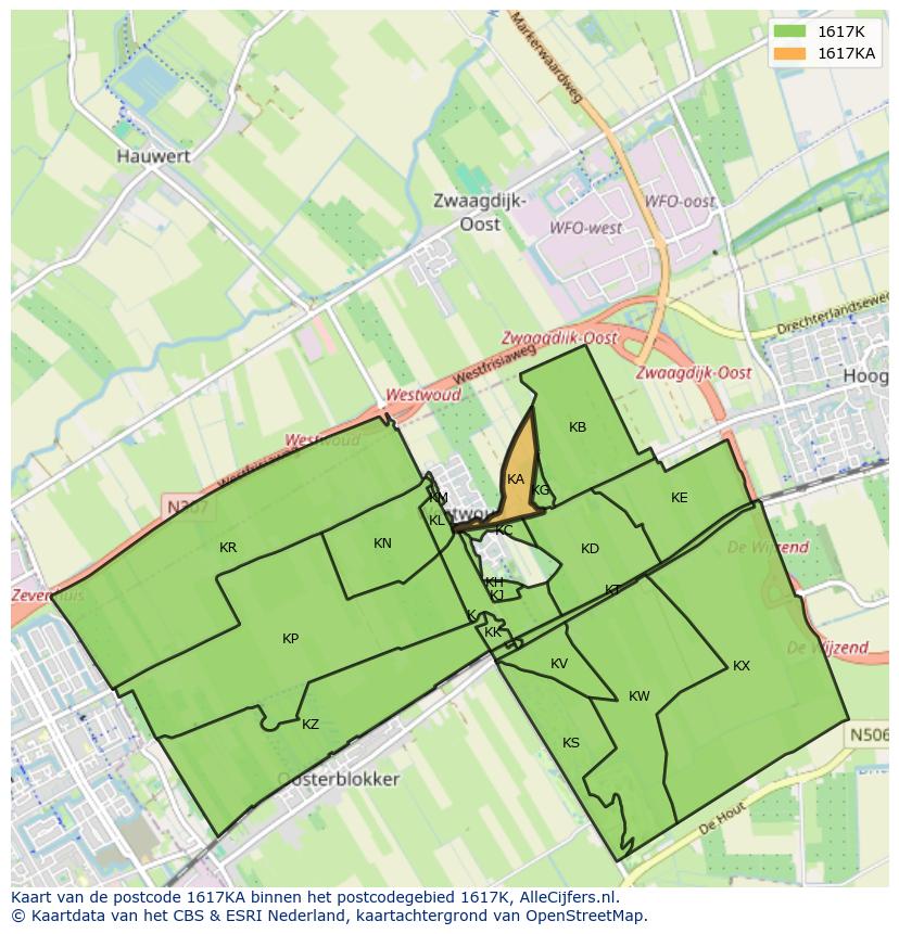 Afbeelding van het postcodegebied 1617 KA op de kaart.