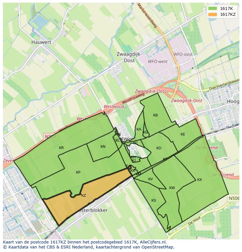Afbeelding van het postcodegebied 1617 KZ op de kaart.