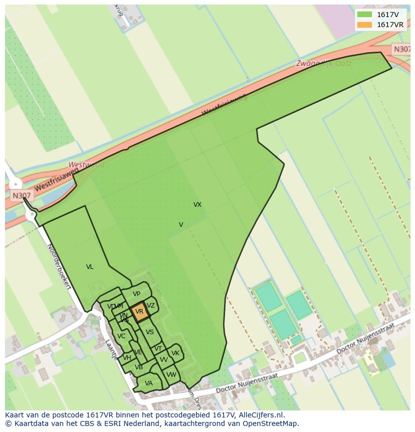 Afbeelding van het postcodegebied 1617 VR op de kaart.
