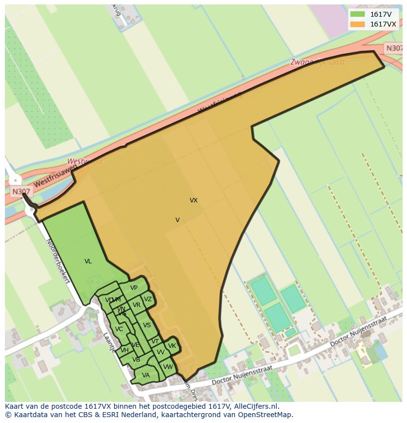 Afbeelding van het postcodegebied 1617 VX op de kaart.
