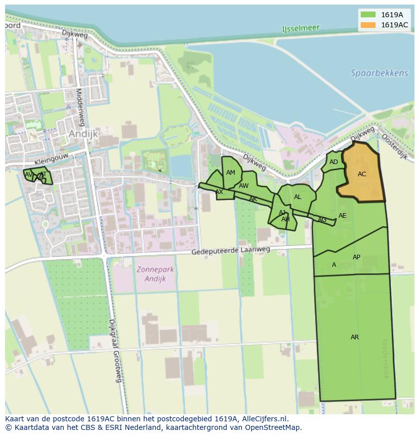 Afbeelding van het postcodegebied 1619 AC op de kaart.