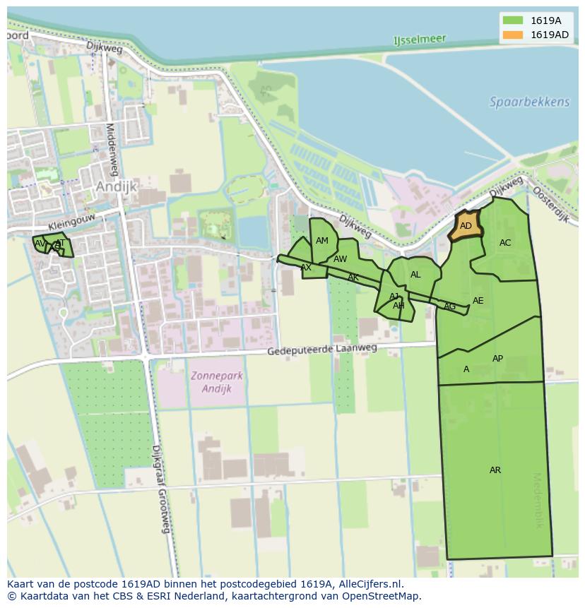 Afbeelding van het postcodegebied 1619 AD op de kaart.