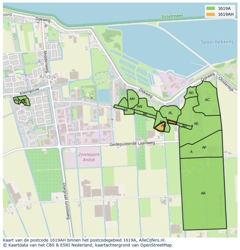 Afbeelding van het postcodegebied 1619 AH op de kaart.