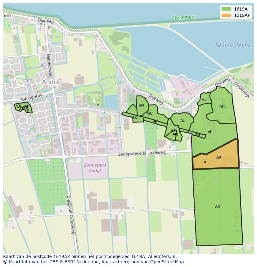 Afbeelding van het postcodegebied 1619 AP op de kaart.