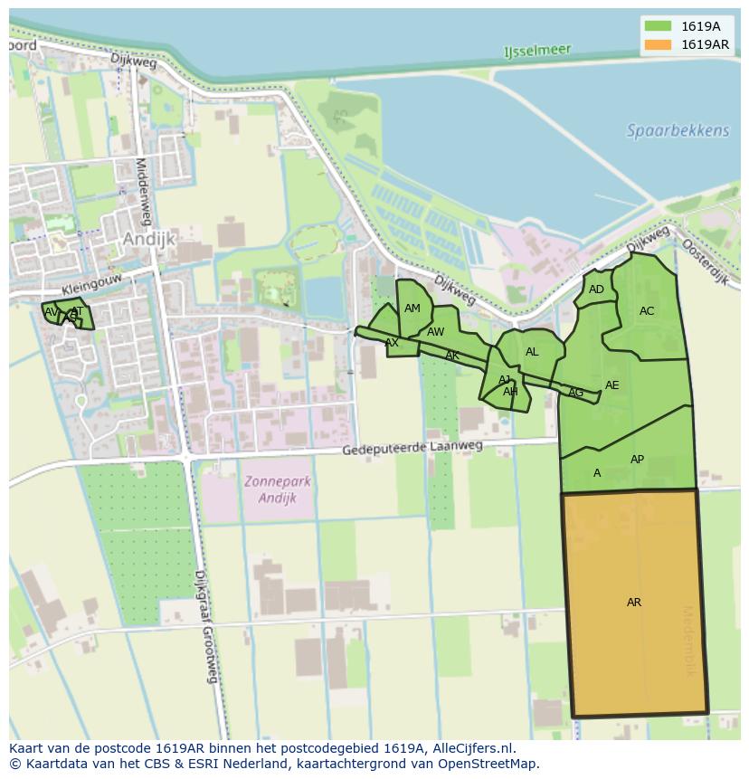 Afbeelding van het postcodegebied 1619 AR op de kaart.