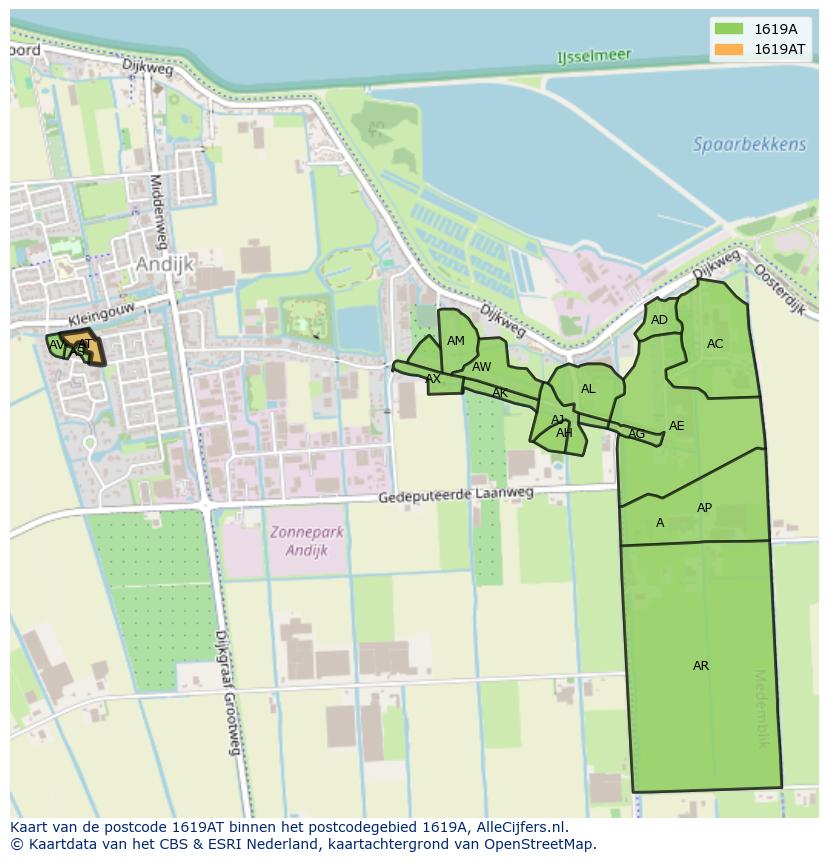 Afbeelding van het postcodegebied 1619 AT op de kaart.