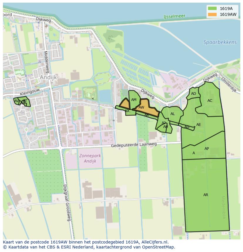 Afbeelding van het postcodegebied 1619 AW op de kaart.