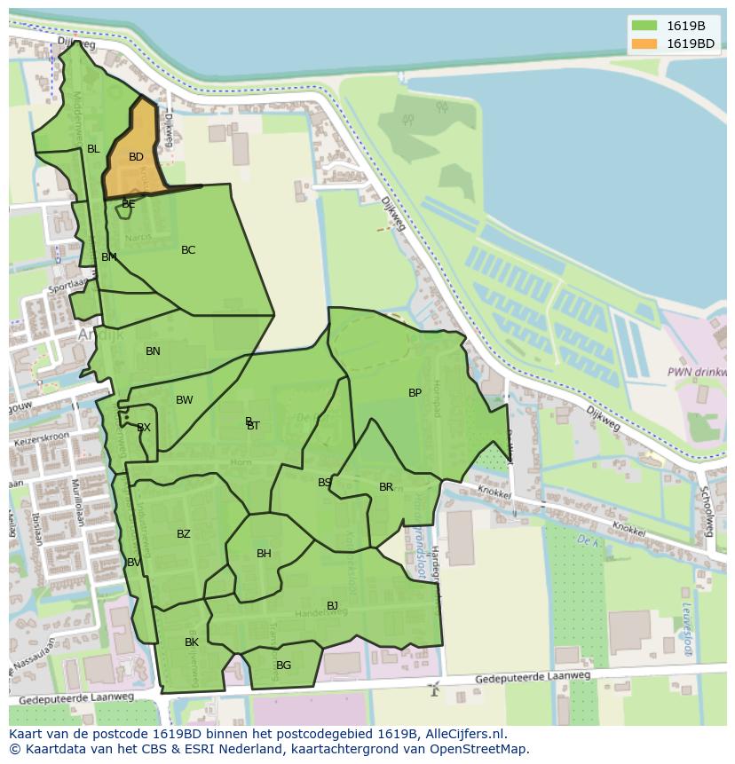 Afbeelding van het postcodegebied 1619 BD op de kaart.