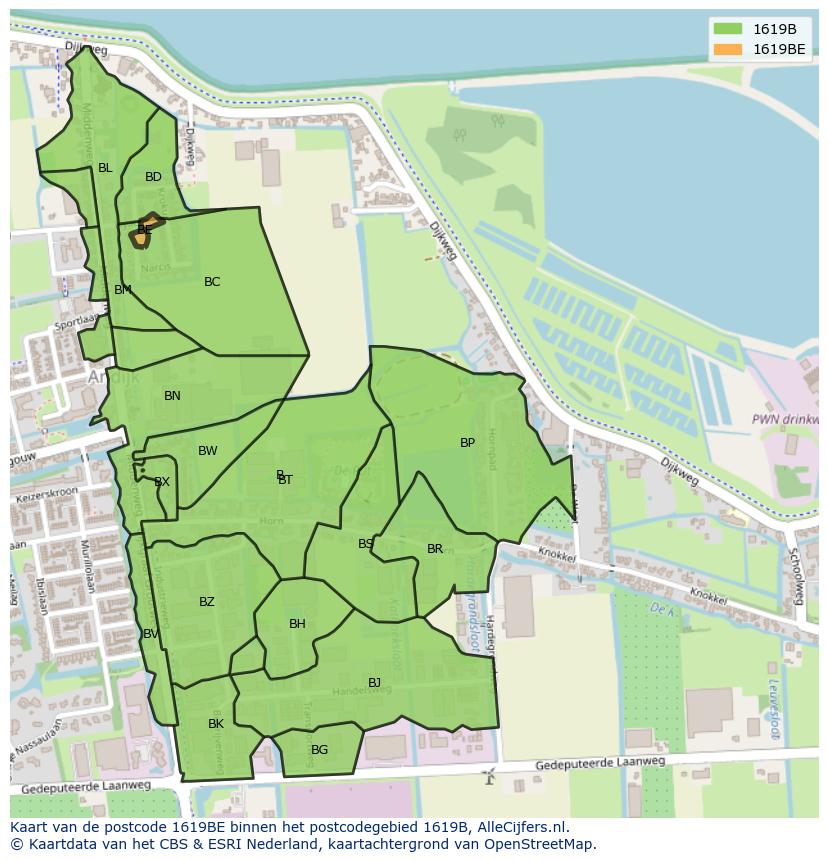 Afbeelding van het postcodegebied 1619 BE op de kaart.