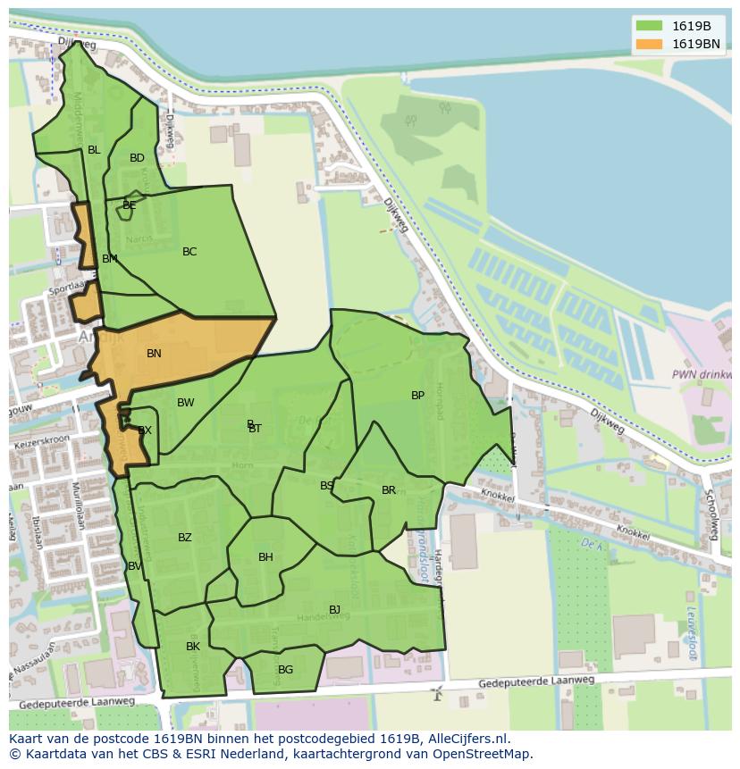 Afbeelding van het postcodegebied 1619 BN op de kaart.