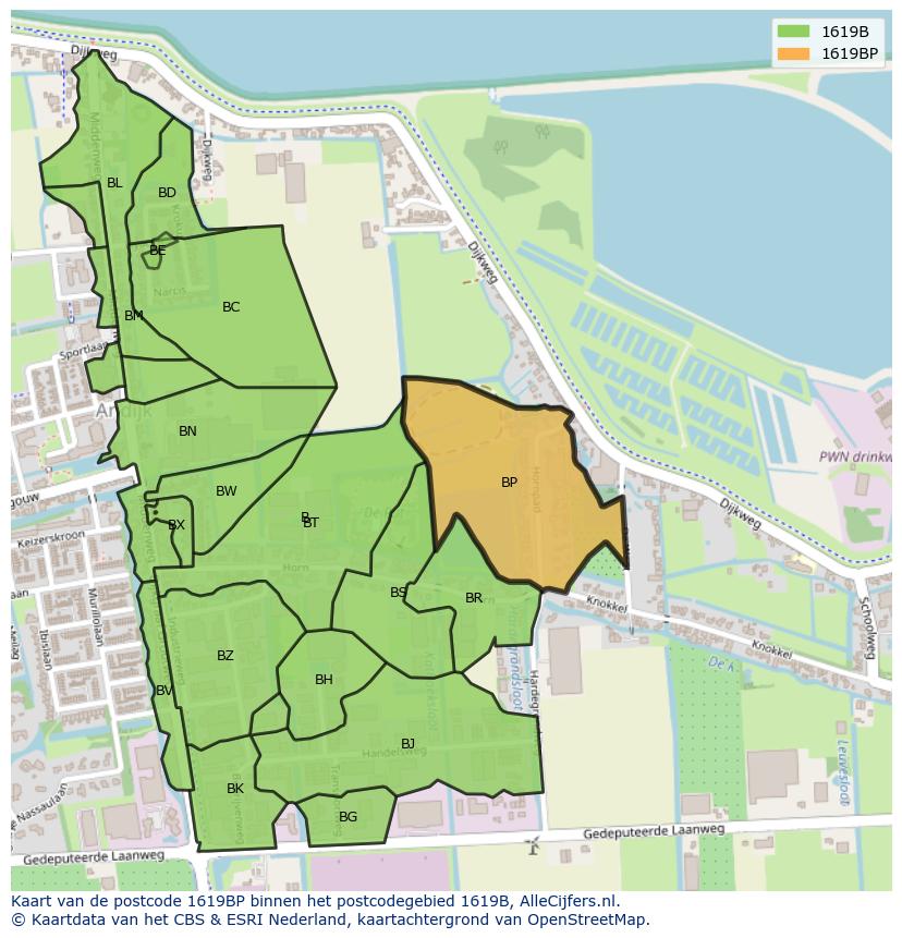 Afbeelding van het postcodegebied 1619 BP op de kaart.